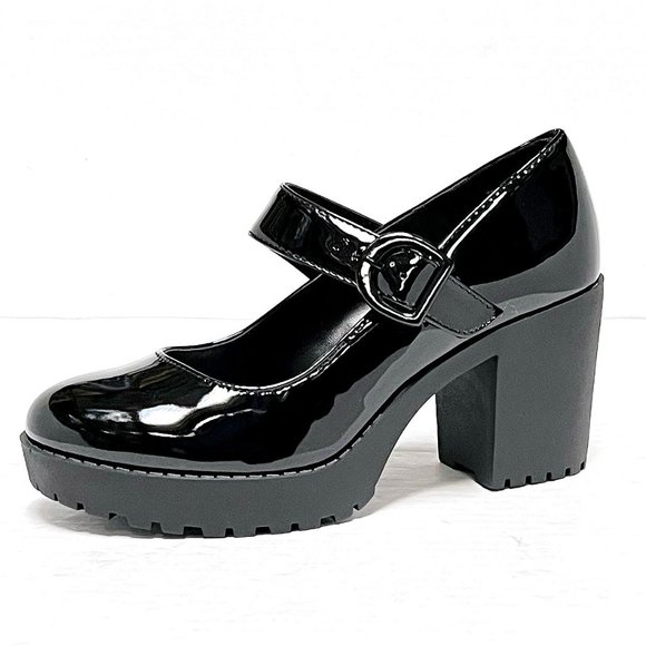 New Black Patent Mary Jane Platform Chunky Heel Pumps - Picture 2 of 5